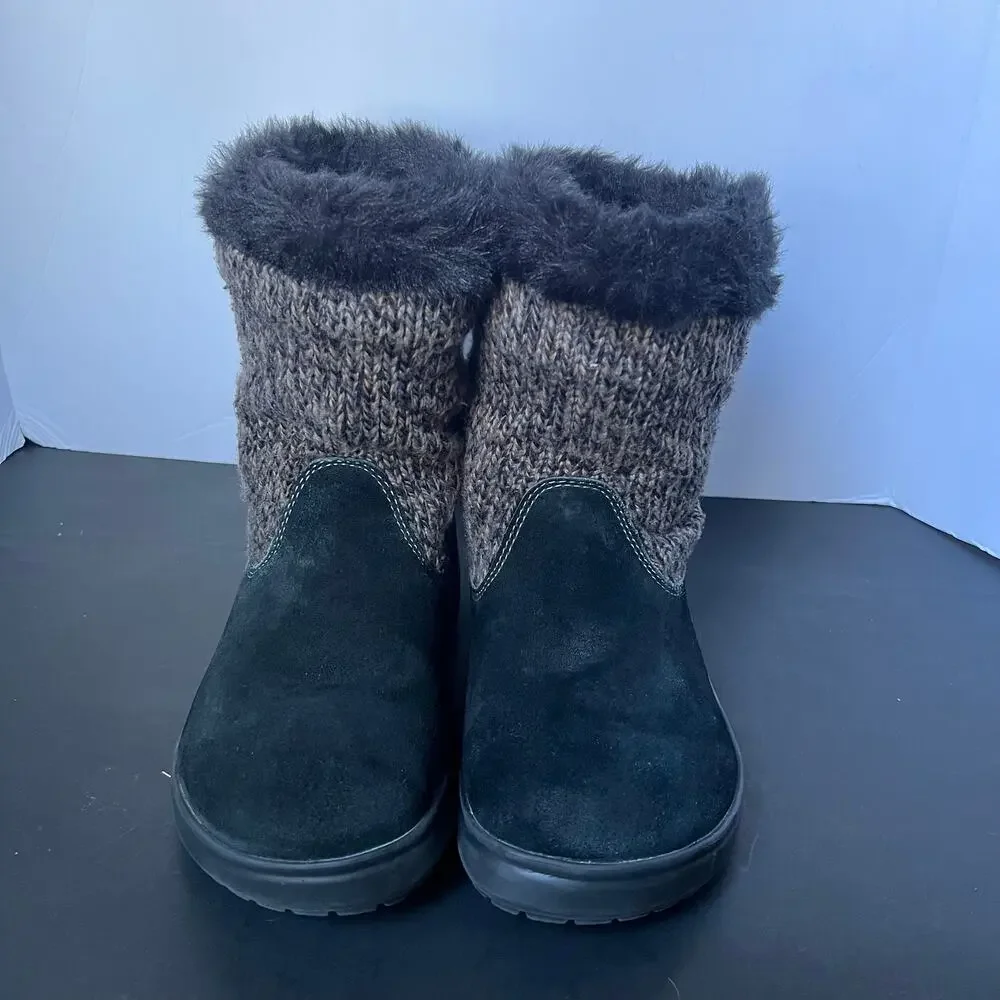 Crocs Womens Cozycrocs Cozy Boots Gray Black Leather Faux Fur Trim size 7